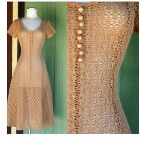 Vintage 1970s/80s Sheer Jumper Crochet Dress , fit and flare midi dress